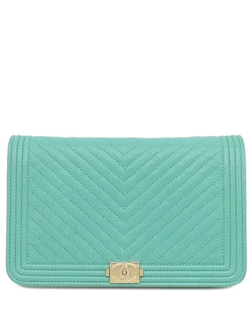 Chanel Chain Wallet Boy Caviar Leather Turquoise Gold 27 Shoulder Bag